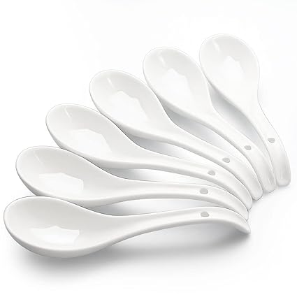 YFWOOD Soup Spoons Set, Ceramic Chinese Soup Spoons, Japanese Spoon for Cereal Stews Ramen Pho Wonton Dumpling Miso,6pcs