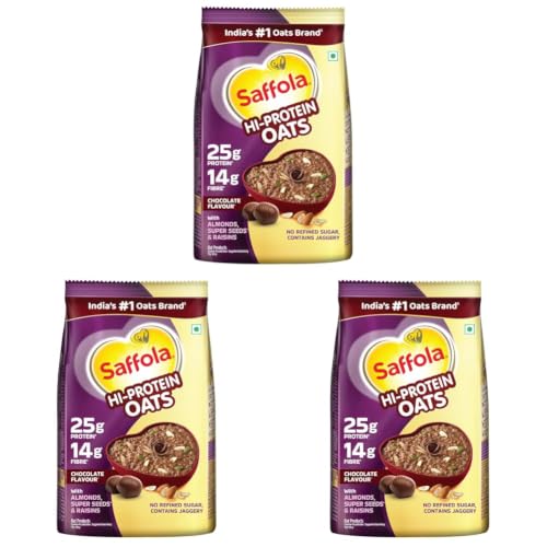 Image of Saffola 25g High Protein Oats | 14g High Fibre | 1kg | Chocolate flavour | No Refined Sugar | With Almonds, Raisin, Pumpkin and Chia Seeds | Rolled Oats for Weight management & Muscle gain (Pack of 3)