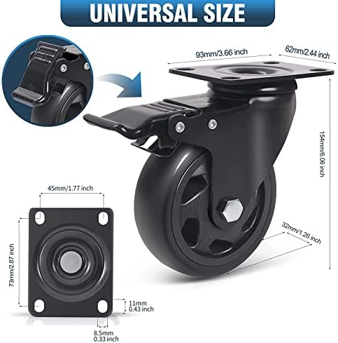 RRIUTO 125MM Heavy Duty Caster Wheels , Furniture Caster Bearing 800KG Swivel Castors Wheels for Furniture Rubber Swivel Trolley Castor with Brake (include 16pcs screws)