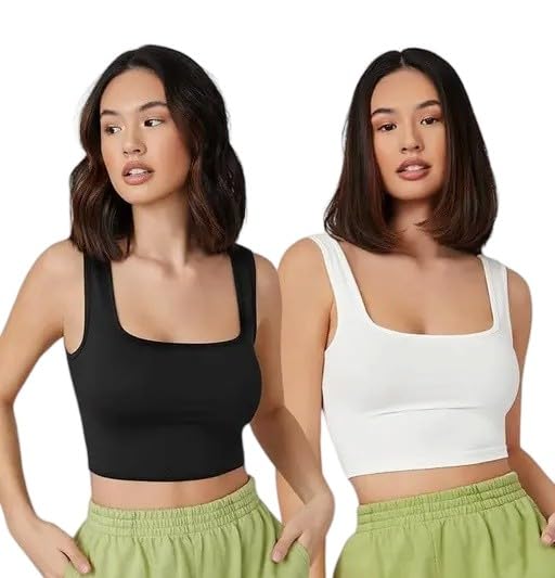 ANIFA Fashion HUB' Women's Cotton Blend Ribbed Strap Sleeve Solid Black & White Pack of 2 Casual Square Neck Combo Crop Top_CTN_119-picture-10