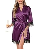 Lovasy Kimono Saten Mujer Verano Corto Manga 3/4 Encaje Sexy Party Bodas Novia Albornoces de Casa Mujer con Cinturón,Morado oscuro,M