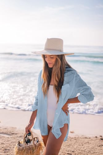 Image of Zoye Chen Women's Bikini Swimsuit Cover Up Button Down V Neck Shirts Long Sleeve Blouse Beachwear Bathing Suit