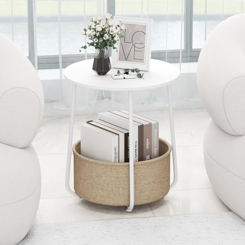 COSTWAY Petite Table Basse Ronde avec Panier en Tissu, Table d'Appoint avec Rangement, Cadre en Métal, Design Moderne, pour Salon, Chambre, Bureau (Blanc)