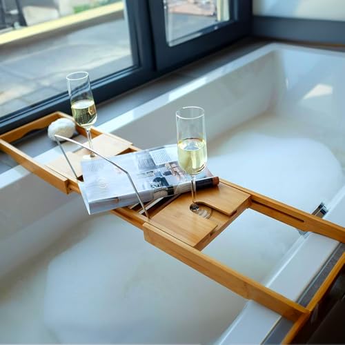 Tablette baignoire bois extensible Wintem porte-gobelet porte-objets salle de bain - 5