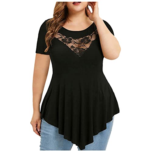 Black Casual Tees For Girls Short Sleeve Boat Neck Lace Oversized Plain Patchwork High Low Top Tee Womens 2023 59 Xxl #TOP27