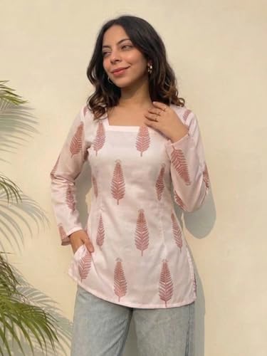 Image of ANNI Designer Women's Viscose Blend Printed Short Kurti | Straight Fit Ethnic Top with Square Neck | Bell Sleeve Indian Kurta for Office College, Party