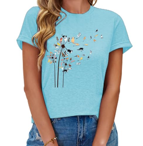 Image of Cat Shirts for Women Butterfly Graphic Tops Dandelion T Shirt Womens Vacation T-Shirt Nature Lover Tee