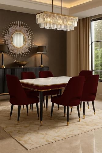 Image of WOODEN SPACE 6-Seater Wooden Dining Table Set | Nano Composite Marble Top | Solid Wood Base | Modern Dining Room Furniture with 6 Chairs (Maroon Vintage)
