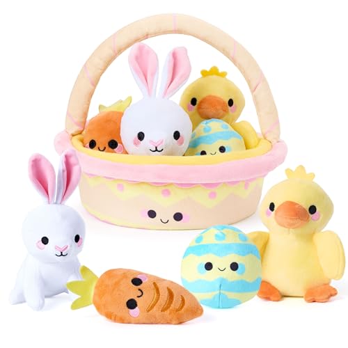 JOYIN Lot de 5 paniers de Pâques en peluche - Panier rempli de lapin, poussin, œuf, carotte, panier de Pâques pré-rempli de remplissage d'animaux, jouets de Pâques...