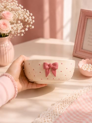 Image of The Deluxe Creations Ceramic Serving Bowl with Pink Bow | Handmade Soup & Dessert Bowl | Aesthetic Gift Bowl for Girls | Breakfast Cereal Bowl | 500 ML