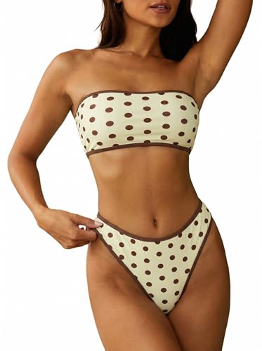 Image of ZAFUL Women Strapless Textured Bandeau Bikini 2 Piece Swimwear Cheeky Solid Lace up Bathing Suits