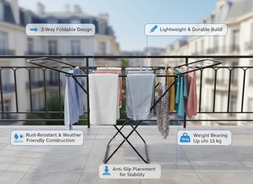 Image of Foldable Clothes Drying Rack, Black Metal Frame, X-Shape Design, Indoor Outdoor Laundry Stand Black Color