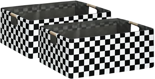 Image of Checkered Storage Basket Foldable Nursey Box | 16.9 inch Storage Cube for Women Closet Organizer Boys Car Toys Bins with Handles | Sturdy Cardboard & Washable Fabric 2Pack
