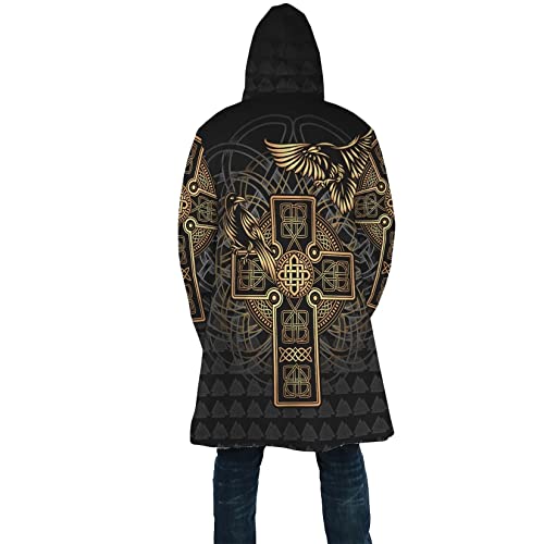 DAMATA Men's Celtic knot print lambswool hooded coat Odin Raven Winter Oversized Casual Warm Windbreaker Hooded Parka (Color : Cross Knot Raven C, Size : 3X-Large)4