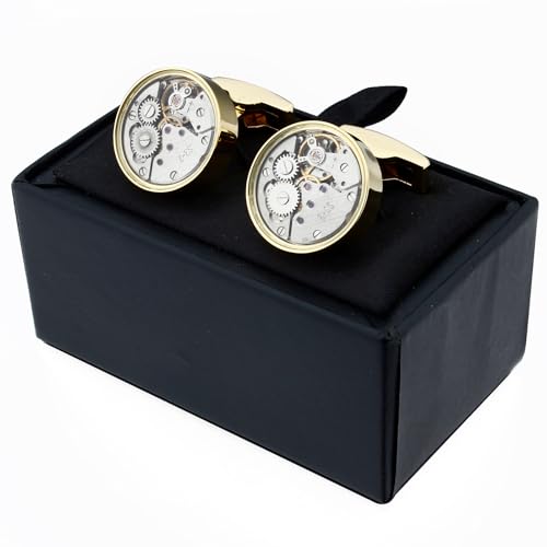 Mancuernillas con movimiento de reloj para hombre con caja de regalo miniatura 4