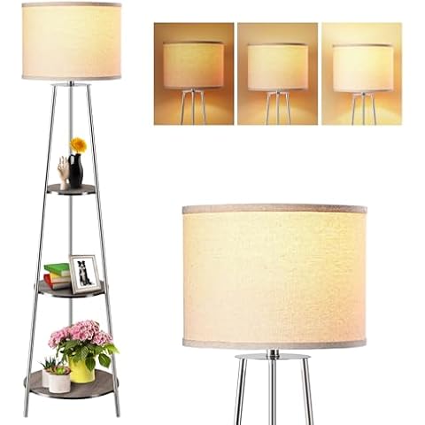 Floor Lamp, Standing Lamp with White Fabric Shade, 3-Tier Round Corner Shelf Floor Lamp with 3 Dimmable Levels, Tall Modern Floor Lamps with Shelves for Bedroom, Living Room and Office Cover