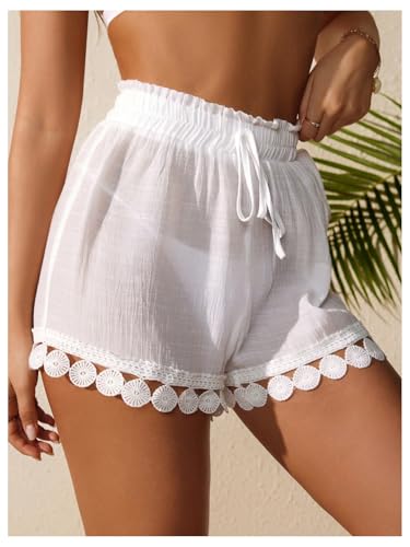 OYOANGLE Women's Swimsuit Cover Up Elastic Drawstring Waist Lace Trim Beach Shorts Coverups2
