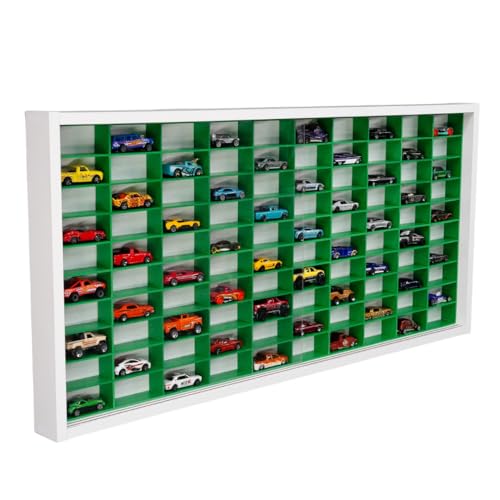 Decographics | Vitrina Expositor H100| Compatible con Hot Wheels | Capacidad 100 Coches | Vitrina para colección | Organizador de Coches |con Puerta (Blanco-Interior-Verde)