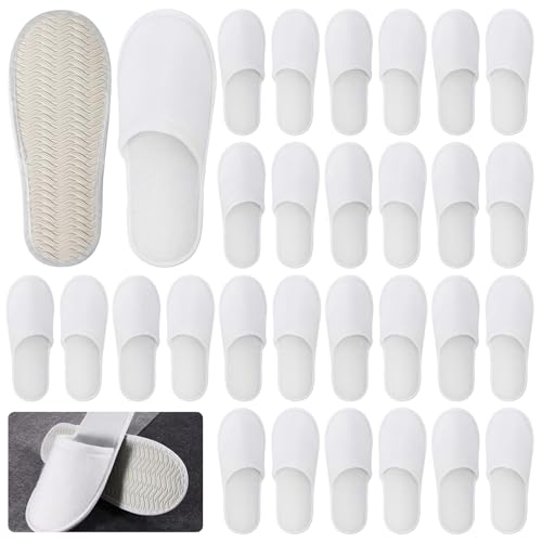 GOEDCH Lot de 20 paires de chaussons jetables antidérapants à bout fermé : chausson blancs moelleux de 5 mm, chaussons unisexes antidérapants pour hôtel,...