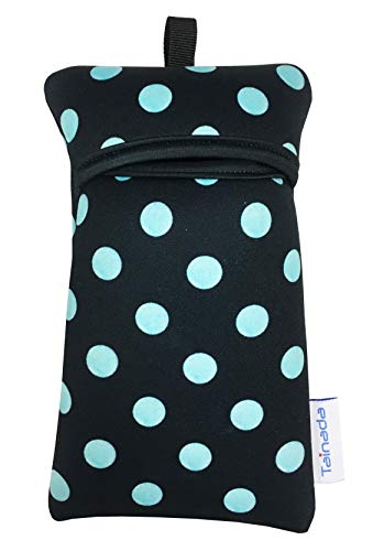 Image of Neoprene Neck Phone Sleeve Bag Pouch w / Clip (Black Turquoise Polka Dots) | Tainada small shockproof water-resistant, lightweight cellphone pocket holder carrier, w / adjustable lanyard and carabiner