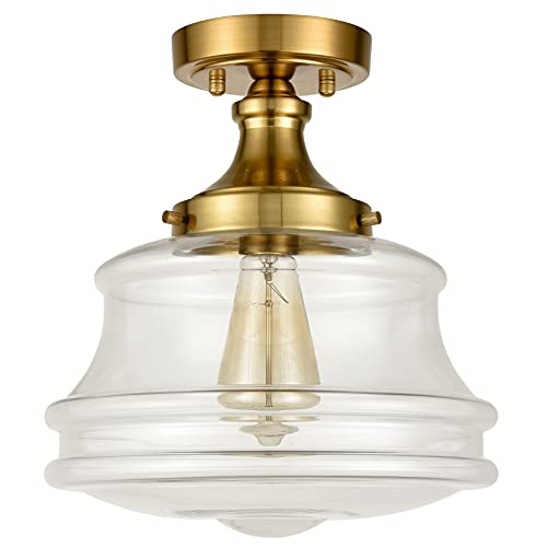 Jeenkae Modern Gold Semi Flush Mount Ceiling Light Brass Schoolhouse Glass Hallway Ceiling Lights, 11" W X 12.4" H #TOP2