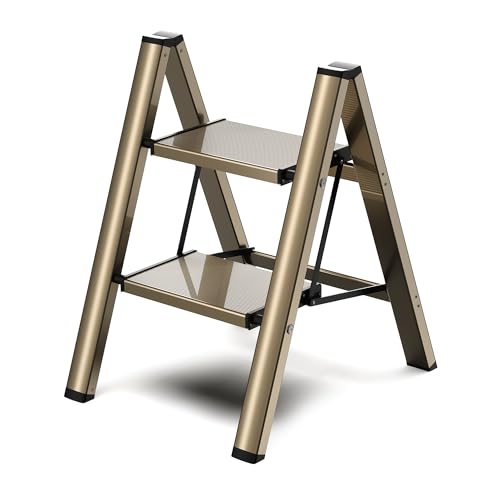GameGem 2 Step Ladder, Folding Step Stool with Anti-Slip Wide Pedal, Aluminum Material Lightweight yet Sturdy, 150 KG Loading, Cute Modern Apperance for Indoor Household Spaces, Champagne Gold