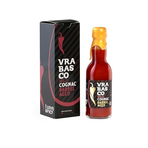 I LOVE SPICY Vrabasco Mild Cognac 100ml – Salsa Picante Suave con 80% de Jalapeños Fermentados – Envejecida en Barrica de Coñac – Intensidad 1/5 – Edición Limitada en Estuche de Regalo
