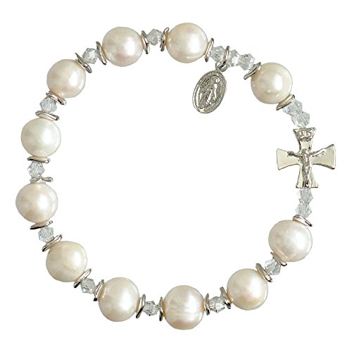 Sine Cera Genuine Pearl 1 Decade Catholic Rosary Bracelet 10mm Beads, Pewter Crucifix and Miraculous Medal for Women