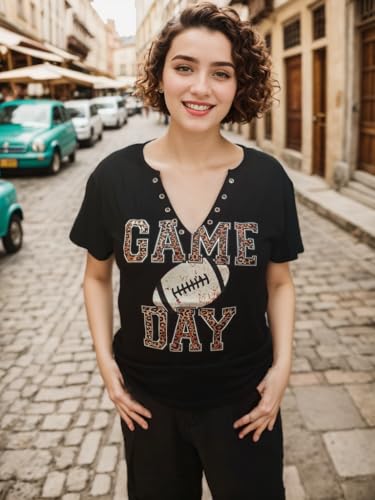 Game Day Football T Shirt for Women Football Season Graphic Shirt Game Day V-Neck Shirt Funny Sunday Tee Top2