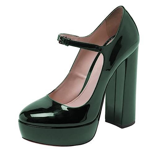 FOWT Women Black Round Toe High Chunky Heel Platform Pumps Adjustable Thin Mary-Jane Strap with Sliver Buckle Heels Trendy Solid Colour Patent Leather Shoes for Ladies Party School Office 4-16 US Size