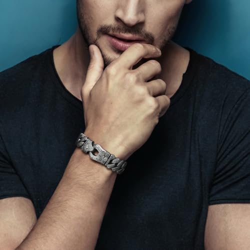 COOLSTEELANDBEYOND Mens Steel Vintage Fancy Curb Chain Bracelet with Tribal Tattoo Pattern, Retro Style, Masculine, 8.66 inches, Metal, not-applicable