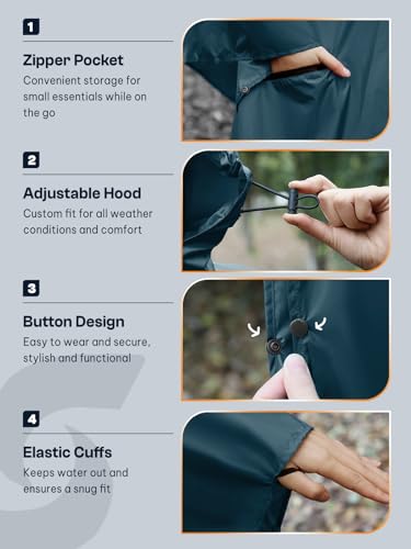 Image of SaphiRose Adult Rain Poncho Waterproof Hooded Zipper Raincoat with Pockets | OEKO-TEX Certified 100% Polyester, Lightweight Packable Storage Pouch, Heat-Sealed Seams, Quick-Dry for Outdoor Hiking