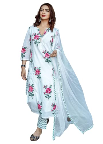 Image of KLOSIA Women Pure Cotton Printed Straight Kurta with Pant & Dupatta Set