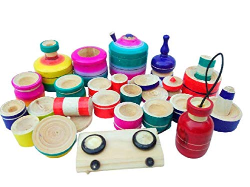 Mamu Shop Chennapattana Wood Eco Friendly Wooden Kids Toy Kitchen Set / Choppu Jaman Made In India Kids Gas Stove With Cylinder Combo-Multi Color.