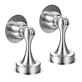 2 Pack Door Stop Magnetic Stainless Steel Brushed Satin Nickel Soft-Catch Door Stopper No Drilling Screws for Stronger Mount Door Catch Holder w/Double-Sided Adhesive Tape Wall Floor Mounted, Silver