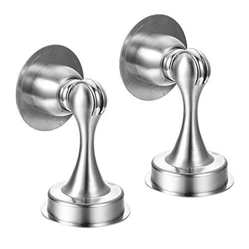2 Pack Door Stop Magnetic Stainless Steel Brushed Satin Nickel Soft-Catch Door Stopper No Drilling Screws for Stronger Mount Door Catch Holder w/Double-Sided Adhesive Tape Wall Floor Mounted, Silver