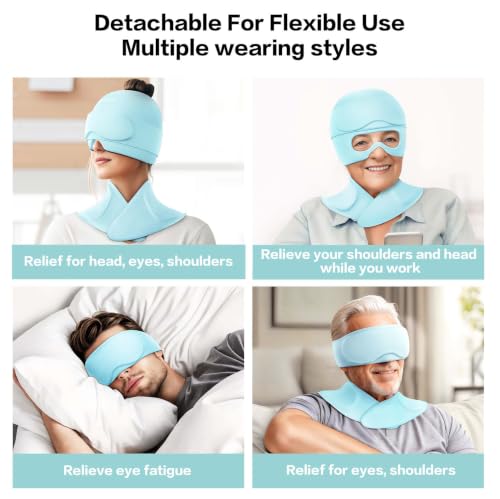 Image of 3 in 1 Migraine Cap with Eye Holes,Neck ice Pack wrap Cold Cap for migraines Hot and Cold Therapy Headache Relief Cap for Headaches, Stiff Neck,Eye Fatigue, Tension and Pain (Light Blue)