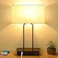 3-Way Dimmable Touch Control Table Lamp with 2 USB Ports and AC Power Outlet Modern Bedside Nightstand Lamp Fabric Shade and Metal Base for Guestroom Bedroom Living Room Hotel LED Bulb Included White