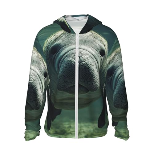 UPF 50+ Sun Protection Hoodie Long Sleeve Manatee Animals Sun Shirt Rash Guard Fishing Shirts for Men