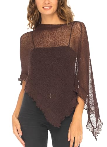 Image of SHU-SHI Women's Sheer Knit Poncho Shrug Lightweight Asymmetrical Ruffle Wrap Dressy Summer Shawl Cover Up Top