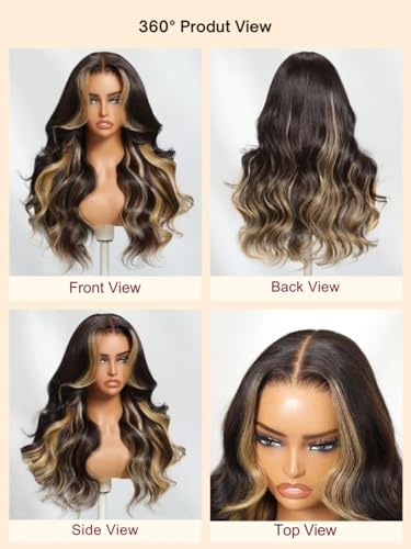 Image of Beauty Forever 7x5 Bye Bye Knots Loose Body Wave Dark Brown Wig with Face-Framing Highlights Bangs Glueless Wigs Human Hair Pre Plucked Pre Cut HD Lace Closure Ready to Go Wig 150% Density 24inch