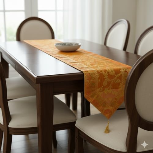 Image of E-EZRA Banarsi Brocade Jacquard Silk Center Table Runner Coffee Brown Long Ethnic Table Home Decor Floral Traditional Dining Table Cloth Runner Up | 72 By 14 Inches Gold