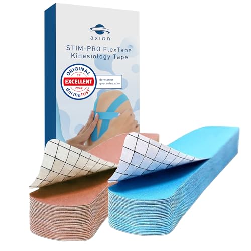 Set de 50 cintas kinesiológicas precortadas adhesivas y elásticas axion | Vendas kinesiotapes de 5x25 cm de color beige y azul | Vendaje deportivo, soporte neuromuscular y fisioterapia