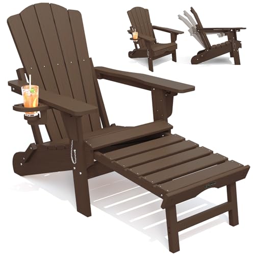 THOEOE Adjustable Adirondack Chair with Retractable Ottoman, HDEP Folding Adirondack Chairs with Footrest 2-in-1 Cup Holder, All Weather Outoor Fire Pit Chair with Foot Rest Set 1 Brown