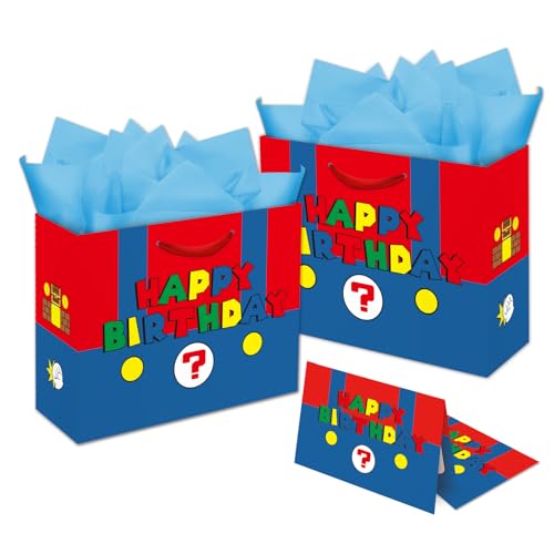 OUSHISS Super Bro Birthday Gift Bag 13 Large Super Brothers Theme Bag with Tissue Paper and Card for Kids Birthday Party Supplies (red)