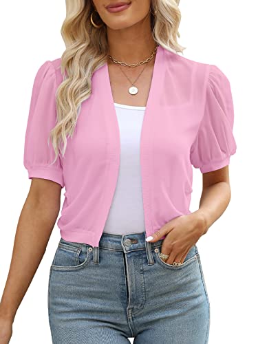 Afvetut Women Puff Sleeve Bolero Shrug Open Front Summer Cropped Sheer Jackets Cardigan Pink #TOP18