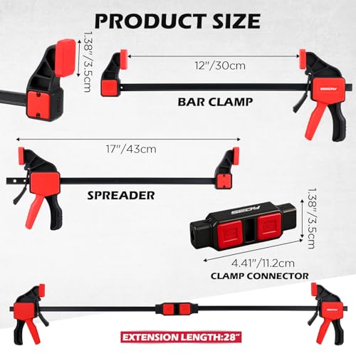 Image of 4-Piece 12 Inch Bar Clamps for Woodworking with 2-Piece Clamp Connector, 12 inch Quick-Release Wood Clamps with 150 LBS Load Limit, Trigger Clamp Set, One-Handed Clamps /Spreader for Woodworking(6 Pack)