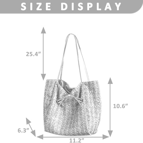 Sequin Tote Bag, Large Capacity Shoulder Bag, Handbag for Women Wedding, Prom, Parties, Travel(Silver)3