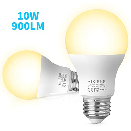 AISIRER 10 W 900 lúmenes Smart WLAN LED bombilla WiFi luz cálida 2700 K bombilla compatible con Amazon Alexa Echo Google Home Assistant no requiere Hub Dimmbar E27 (2 unidades)