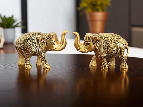 Image of KridayKraft Handcrafted Intricately Detailed Gold-Plated Metal Elephant Showpiece Vastu- Symbol of Prosperity,Friendly Decor for Living Room for Home & Office Decor